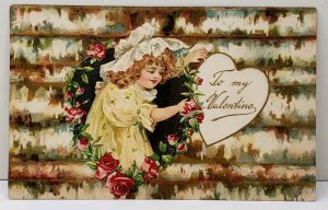 To My Valentine Girl Reaching out Cabin Window Trimmed in Flowers Postcard A2