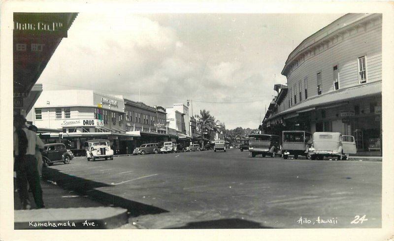 Postcard RPPC 1940s Hawaii Hilo Kamehameha Avenue autos Standard Drug 23-11181