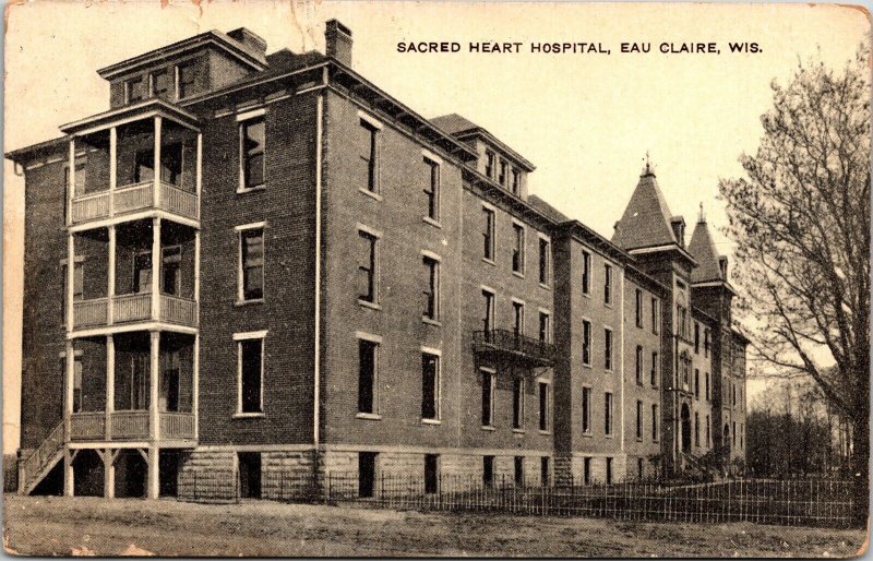 Sacred Heart Hospital Eau Claire Wisconsin Street View Black White PM Postcard 