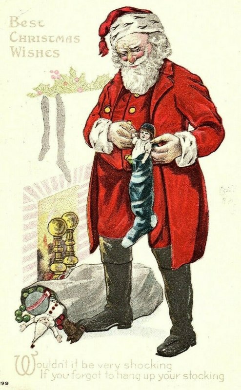 C.1910 Best Christmas Wishes Santa Claus Toys Stocking Postcard P151