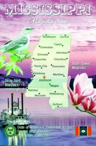 MISSISSIPPI Map Postcard - The Magnolia State -  State Symbols