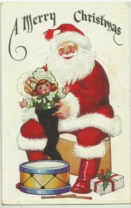 CHRISTMAS - SANTA filling STOCKING - DOLL - DRUM - FULL VIEW - RED SUIT - C-1910