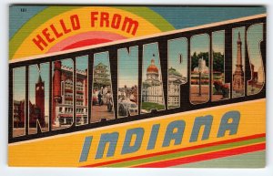 Hello Greetings From Indianapolis Indiana Postcard Large Big Letter Linen Unused