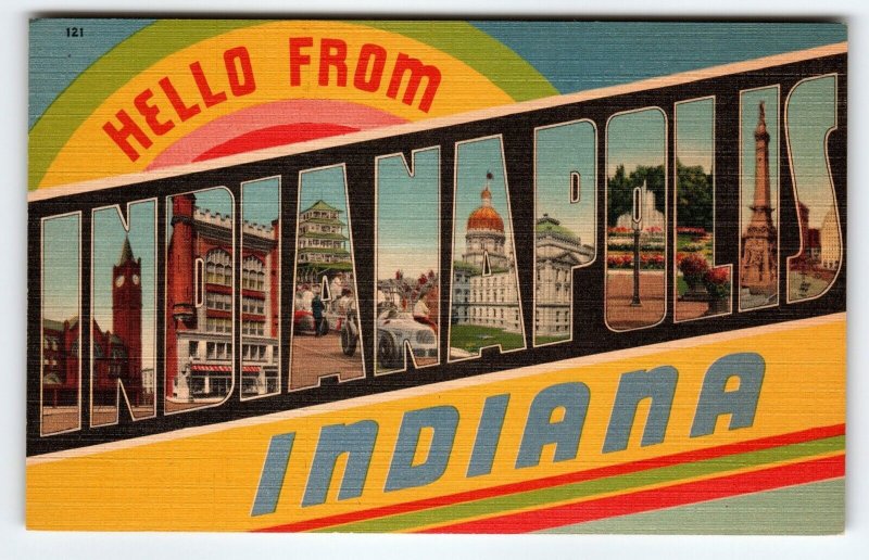 Hello Greetings From Indianapolis Indiana Postcard Large Big Letter Linen Unused