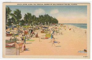 Beach Scene Hollywood By the Sea Florida linen postcard