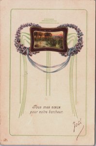 Art Nouveau Landscape Tous mes Voeux Pour Votre Bonheur Embossed Postcard C139