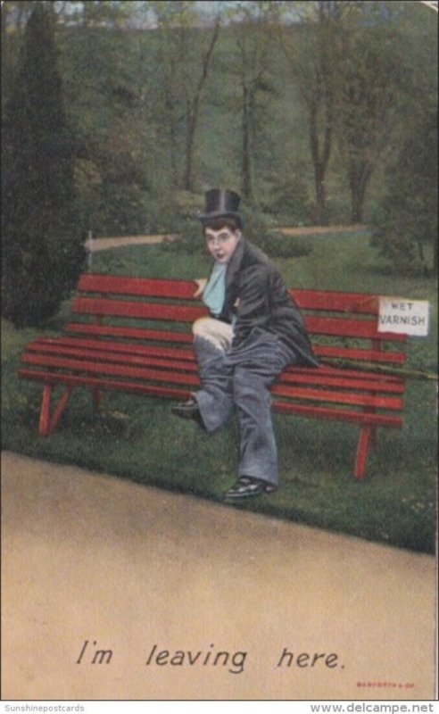 Bamforth Humour Man Sitting On Freshly Painted Bench I'm Leaving Here No...