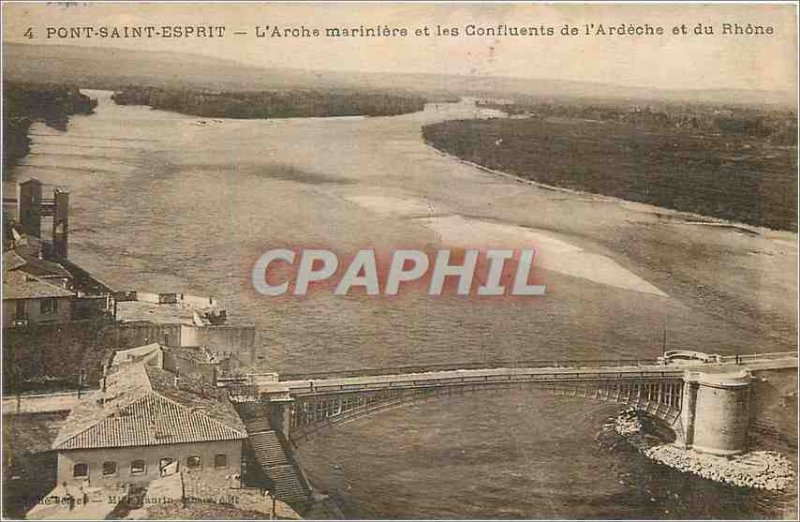 Old Postcard Pont Saint Esprit mariniere Ark and Confluents of Ardeche and Rhone