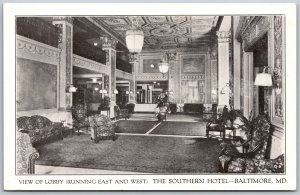 Vtg Baltimore Maryland MD View of Lobby The Southern Hotel 1920s Unused Postcard