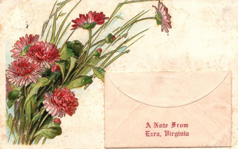 Vintage Postcard 1910's A Note From Ezra Virginia Bunch Of Flowers Greetings