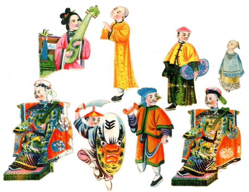 1870s-80s Lovely Victorian Die Cut China Chinese Figures People Sword Mask P77