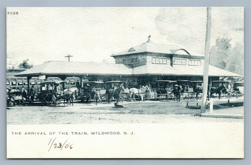 WILDWOOD NJ RAILROAD STATION ANTIQUE POSTCARD RAILWAY DEPOT TRAIN ARRIVAL