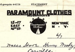 1938 PARAMOUNT CLOTHES NEW YORK NY STATEMENT BILLHEAD INVOICE Z2497