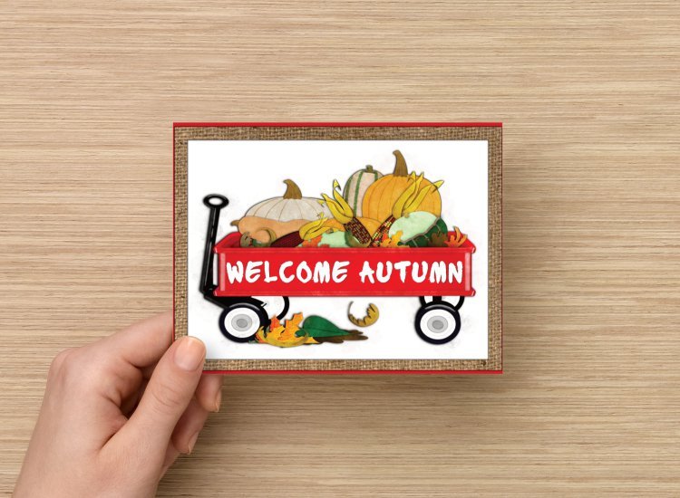 Set of 6 Fine Art Postcard Welcome Autumn Red Wagon Pumpkins Squash Indian Corn