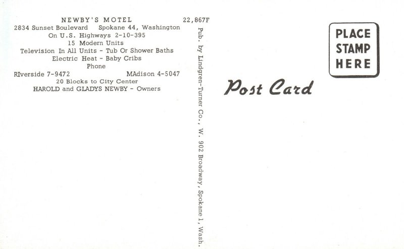 Newby's Motel Modern Units Sunset Boulevard Spokane Washington Vintage Postcard