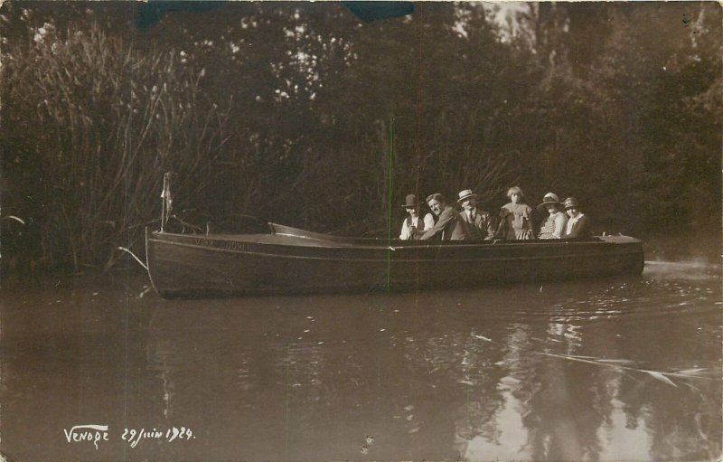 Social history 1924 old Postcard group people nature boat trip