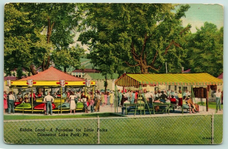 Conneaut Lake Park PA~Kiddie Land Amusement Park~Car Carousel~Picnic~1951 Linen 