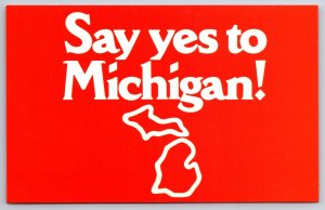 State Maps~Say Yes To Michigan~Red Background~Your Message~Vintage Postcard