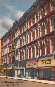 Meadville Pennsylvania Lafayette Hotel Street View Antique Postcard K57100