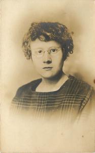 Sullivan Indiana~Lutz Studio~Curly Haired Lady~Wire Wrim Glasses~1920 RPPC 