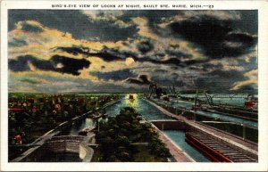 Michigan Sault Ste Marie The Soo Locks Birds Eye View At Night 1942