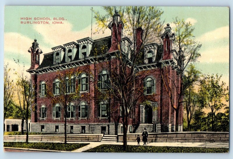 Burlington Iowa IA Postcard High School Building Exterior c1910 Vintage Antique