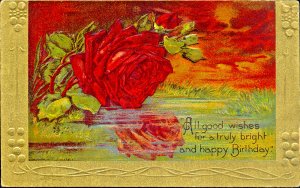 Birthday~GORGEOUS RED ROSE REFLECT LAKE~SUNSET~GOLD~Antique GEL Postcard~Germany