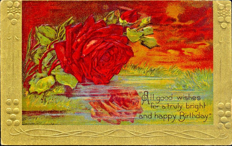 Birthday~GORGEOUS RED ROSE REFLECT LAKE~SUNSET~GOLD~Antique GEL Postcard~Germany