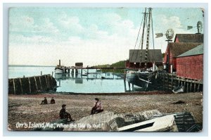 1908 Orr's Island ME When the Tide is Out Postcard Boat Dock People