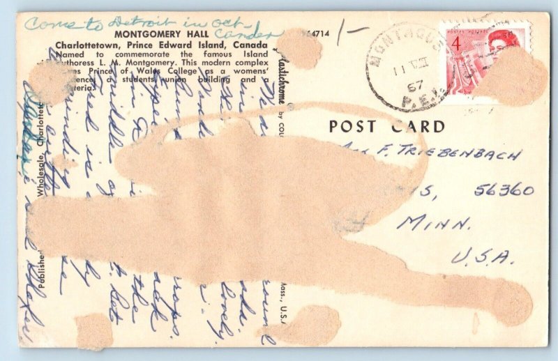 1967 Charlottetown Prince Edward Island Canada Postcard Montgomery Hall Building