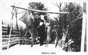 RPPC Baldwin, Michigan Deer Hunting c1950s Real Photo Vintage Postcard