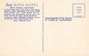 SURF AUTO HOTEL Santa Monica, CA Ocean Avenue Roadside c1940s Vintage Postcard 