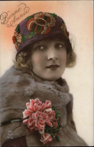 Bonne Annee Beautiful Woman Embroidered Hat Tinted Real Photo c1920 Postcard