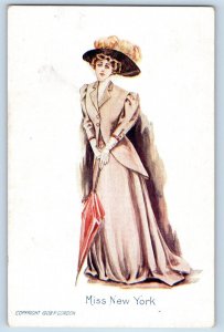 P. Gordon Signed Postcard Pretty Woman Miss New York Big Hat c1910's Antique