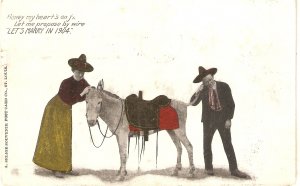 Couple. Talking by wire though donkey Curious olod vintage American comic PC