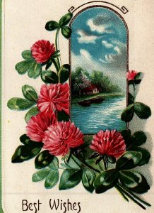 c1910 BEST WISHES LAKE CABIN SCENE BOATS FLORAL EMBOSSED POSTCARD 20-207