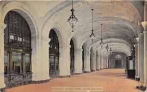 Cleveland Ohio~US Post Office Interior~Row of Booths~Chandeliers~1913 News Co Pc