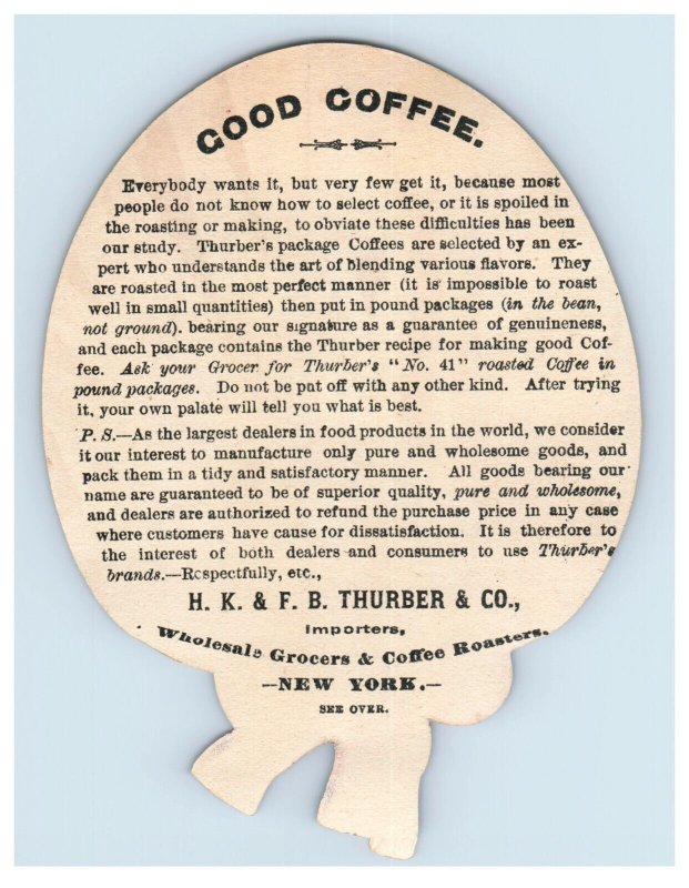 1880s Die-Cut Fan Thurber's No.41 Roasted Coffee Fab! F136