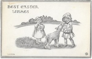 Best Easter Wishes Two Little Girls & Lamb & Bunny H P Lehmann