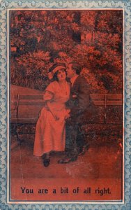 Vintage Postcard Lovers Couple Man Kissing The Lady Park Bench Dating Romance