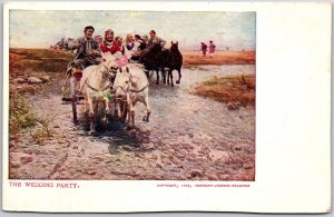 The Wedding Party Horse Carriage Antique Hand-Colored Postcard