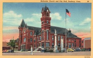 Vintage Postcard 1930's Methodist Church and City Hall Danbury Connecticut CT