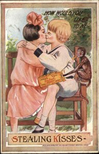 Velvet Candy Advertising Kids Kissing on Bench c1910 Postcard