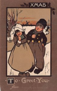 XMAS CHRISTMAS-TO GREET YOU-DUTCH GIRL & BOY POSTCARD