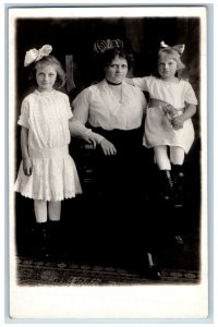 Postcard Mom and Two Daughters Wearing White Dress c1910 RPPC Photo Unposted