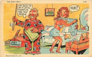 Comic Humor Walters Fishing Honeymoon Postcard Teich linen 4652