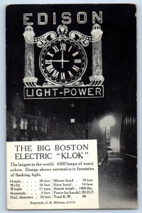1913 Edison Electric Clock Light Power Boston Massachusetts MA Antique Postcard