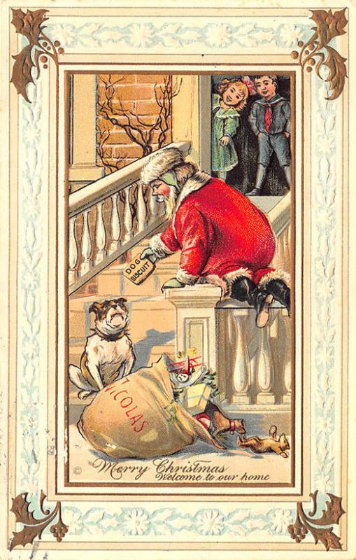 Red Suited Santa Claus Welcome To Our Home Christmas 1913 Embossed Postcard