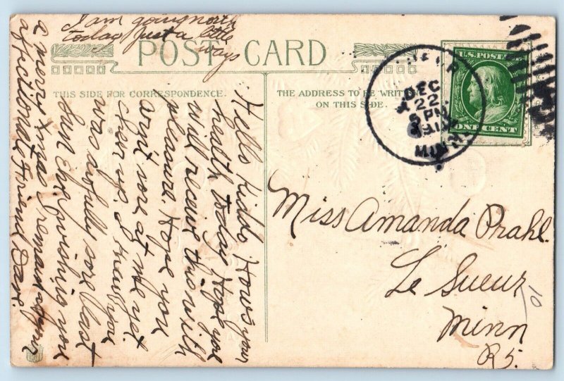 Christmas Postcard Greetings Pine Leaf Decorated Winsch Back Le Sueur MN c1910's
