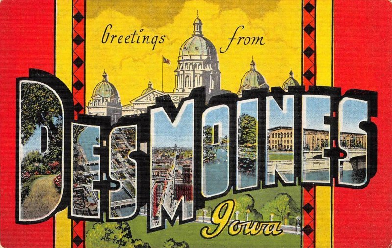 DES MOINES, IOWA Large Letter Greetings Capitol 1940s Linen Vintage Postcard
